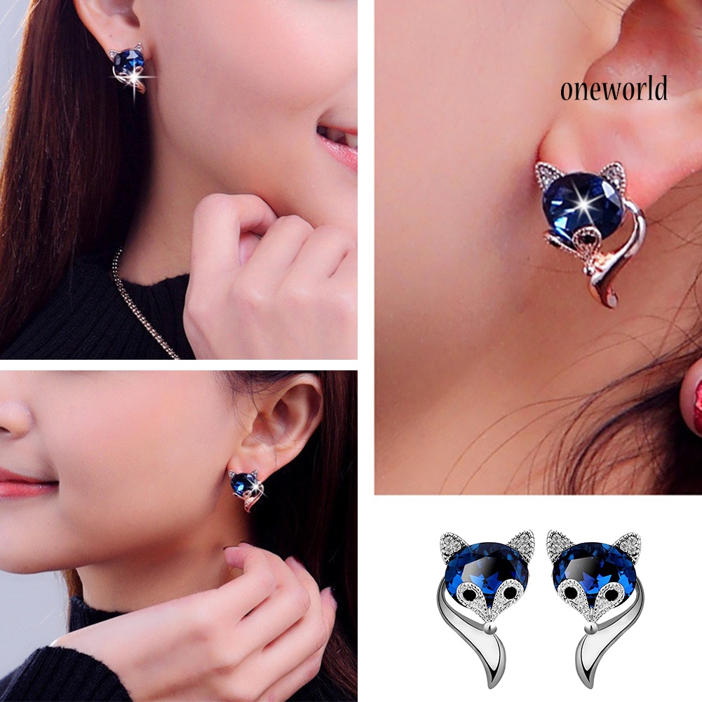 OW@ Cute Cartoon Fox Shape Rhinestone Ear Studs Earrings Fashion Women Jewelry Gift