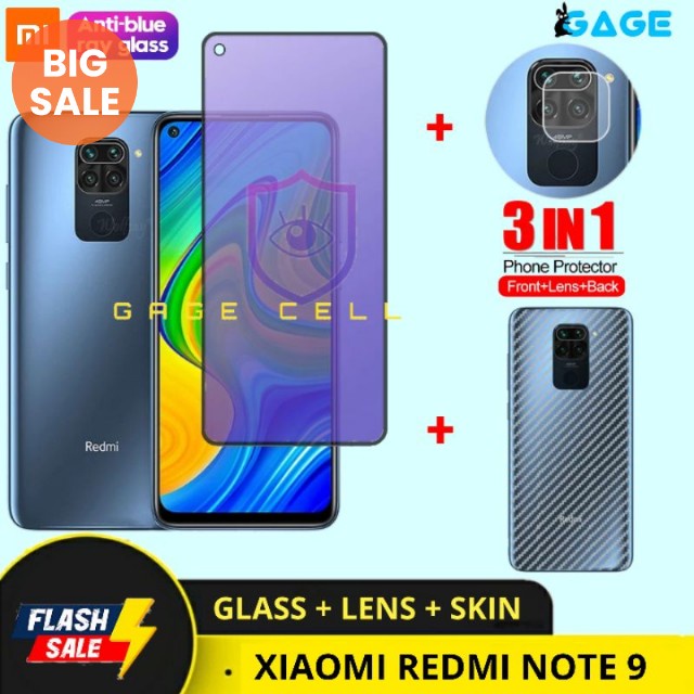 PAKET 3IN1 - TEMPERED GLASS ANTI RADIASI BLUE LIGHT XIAOMI REDMI NOTE 9 FULL SCREEN PROTECTOR