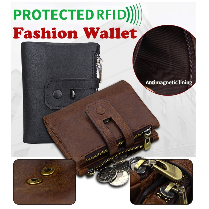 Dompet Pria Lipat Kulit Sapi Asli RFID Protection Leather Wallet AEH60