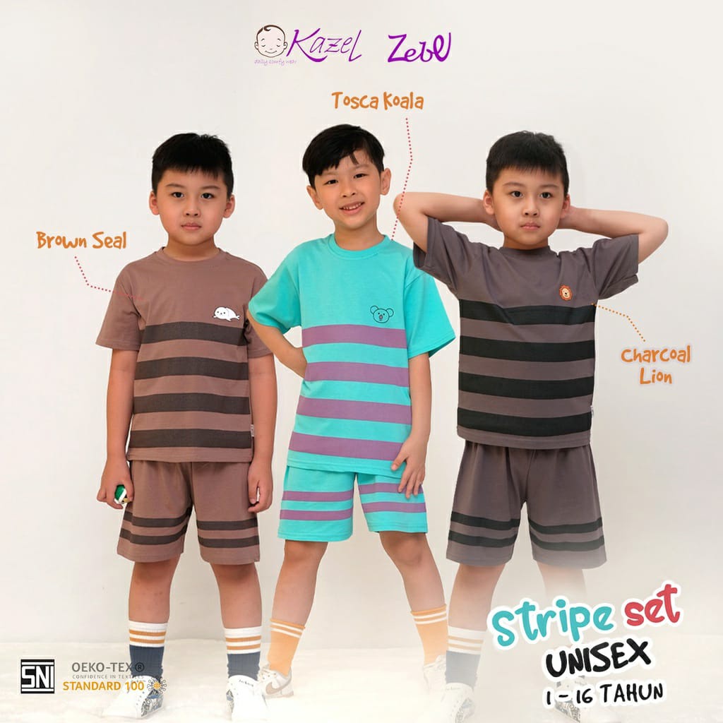 Kazel × Zebe Setelan Pendek Strip Set Unisex - Setelan Anak Per 1 &amp; 2 Pcs ( ZB-SPDSS )