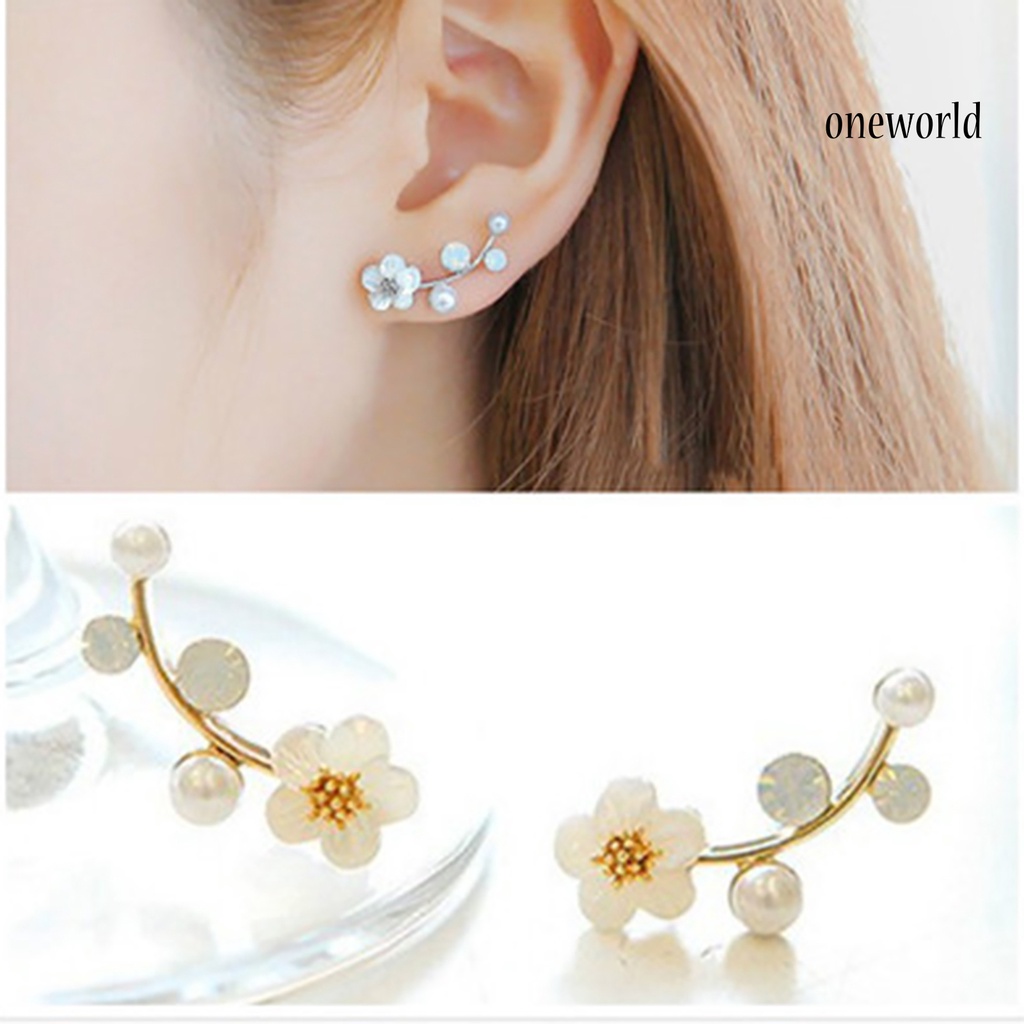 OW@ 1 Pair Women Flower Faux Pearl Rhinestone Earrings Ear Studs Jewelry Gift for Party