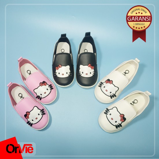 Sepatu Slip On Anak Perempuan Hitam Putih Pink Motif Kitty Karet 3D | Sepatu Anak Sekolah Onvie