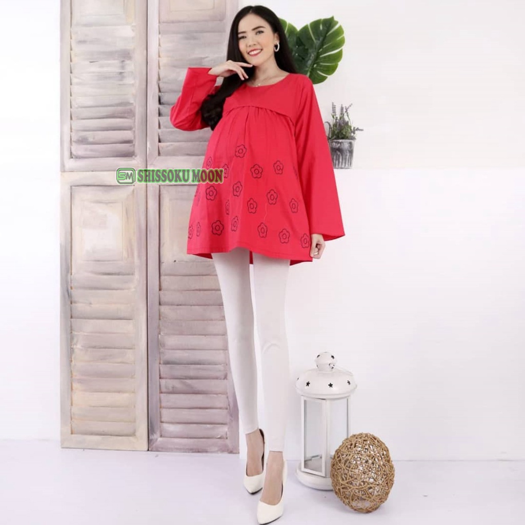 Baju Atasan Hamil Menyusui Lengan Panjang Motif Bordir Bahan Katun Premium - Vanessa