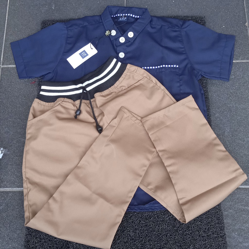 Setelan Anak Laki Laki Kemeja Pendek Warna Navy  Celana Panjang Bahan Katun Ukuran 1 Sampai 8 Tahun 
