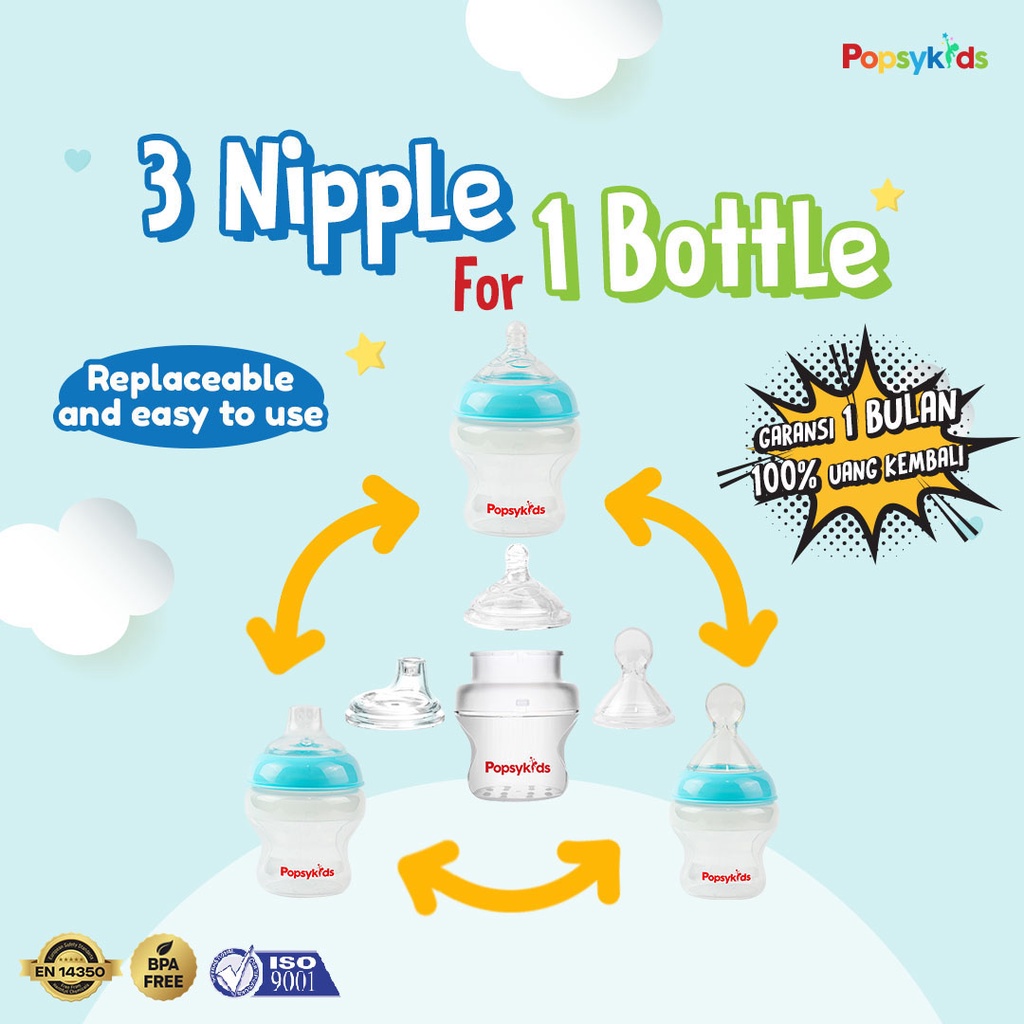 PopsyKids Baby Silicone Milk Bottle Spoon and Sippy cup Nipple 3 in 1 Botol Susu Bayi Silikon Dot Sendok dan SippyCup 3in1