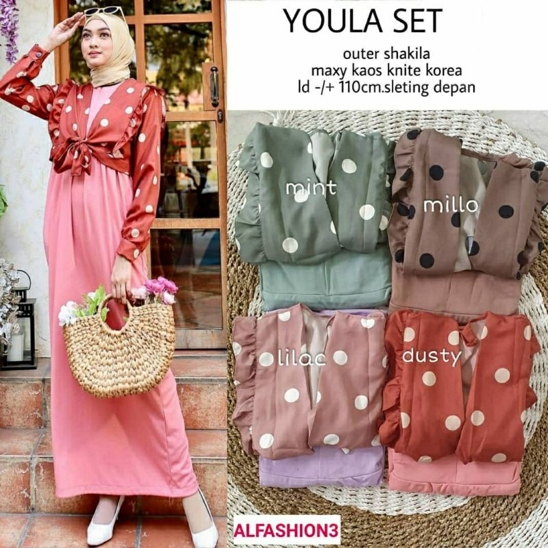 Youla Set, SETELAN GAMIS MUSLIM DENGAN OUTER LD 110 KANCING BUSUI TERMURAH TERCANTIK