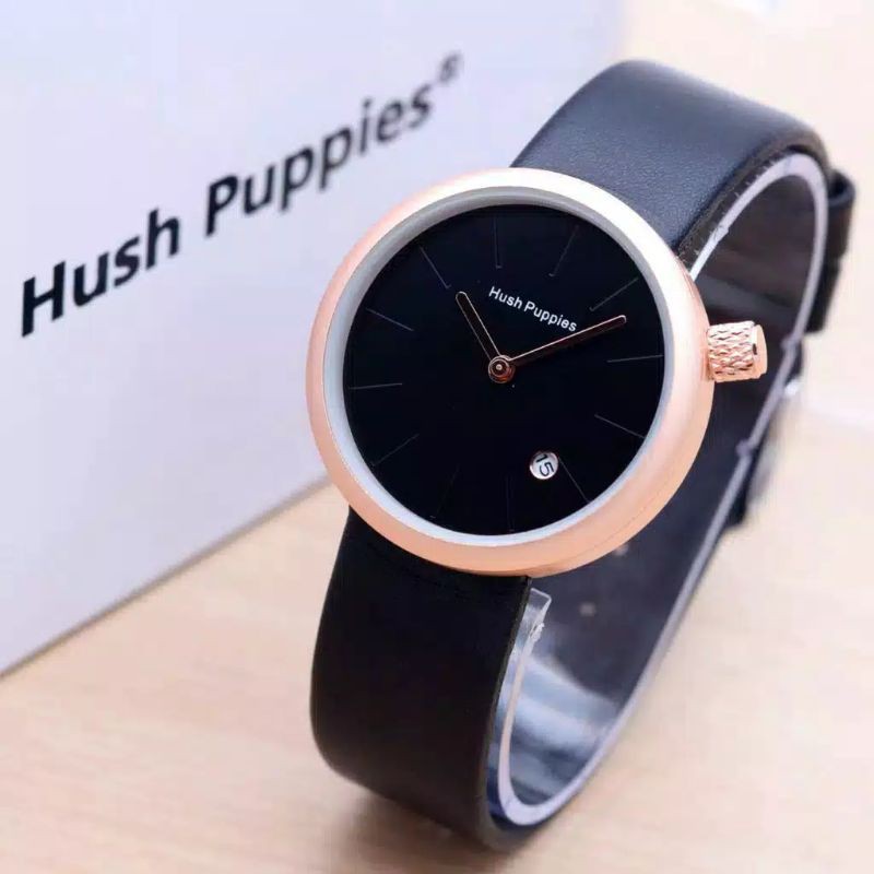 (Grosir)Jam Tangan Wanita Hush Puppies Bulat Tanggal Aktif Strap Kulit(Terima Cod)