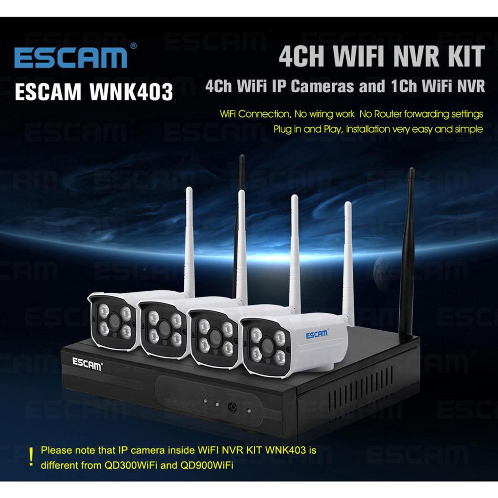 ESCAM WNK403 Kit NVR Nirkabel 4CH 720P 4TB HDD Hitam IP66 Outdoor