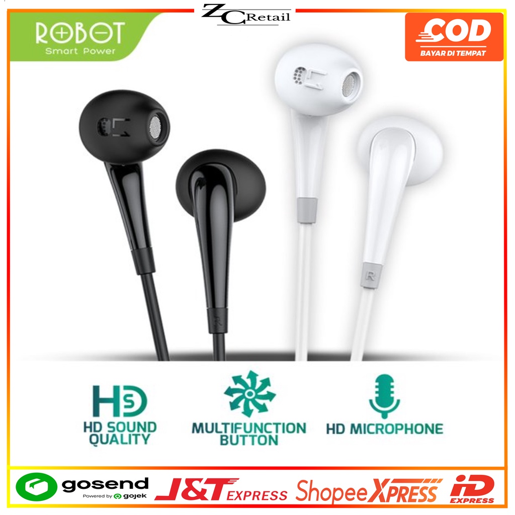 Earphone headset Headphone ROBOT RE701 RE 701 RE-701 soft in ear 3.5mm Bass wired Hitam putih