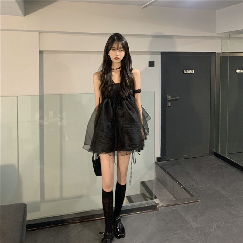 dress korean style dark suspender dress retro high waist French a-line short skirt fairy summer