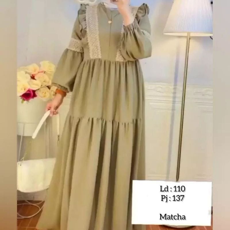 Fashion Wanita Gamis Crinkle Olivia Dress Baju Gamis Remaja Aplikasi Renda Lengan Balon Baju Wanita Kekinian