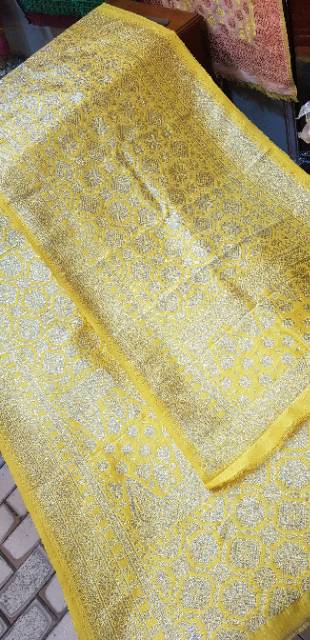 Songket Palembang asli sutra alam lepus kuning lemon kristal silver