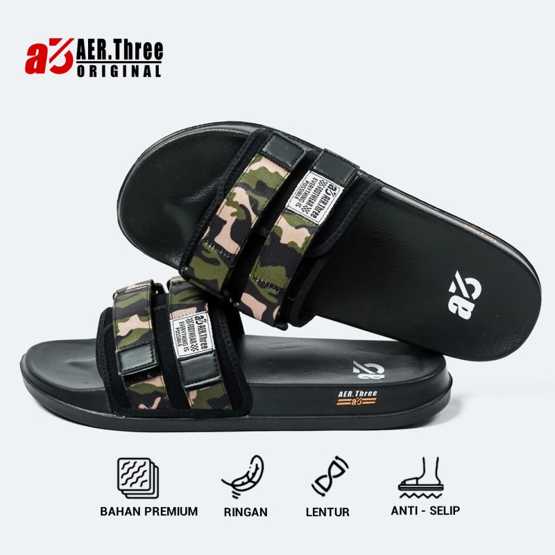 Aer Three Footwear | Freddo Black Camo | Freddo Black Loreng | Slippers Slide | Sandal Pria | Sandal