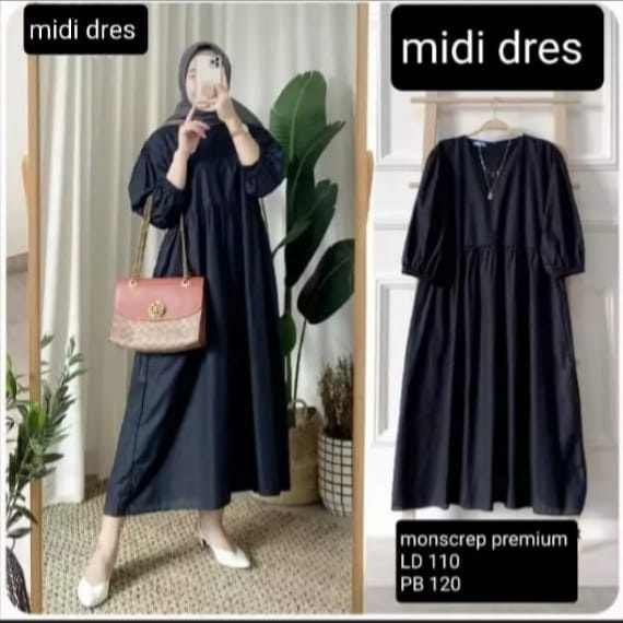 midi dress sleting belakang bellacrepe jumbo kerut depan polos viral