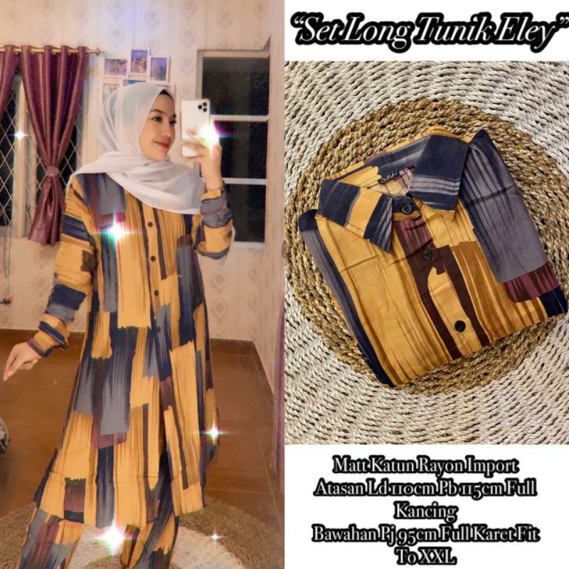SET LONG TUNIK MOTIF KOTAK (full kancing)