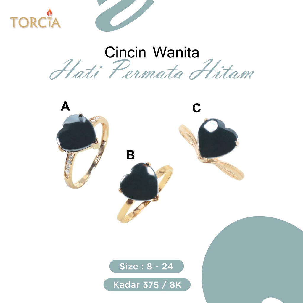 Cincin Wanita Emas Asli Hati Permata Hitam Simple Kadar 375 Torcia