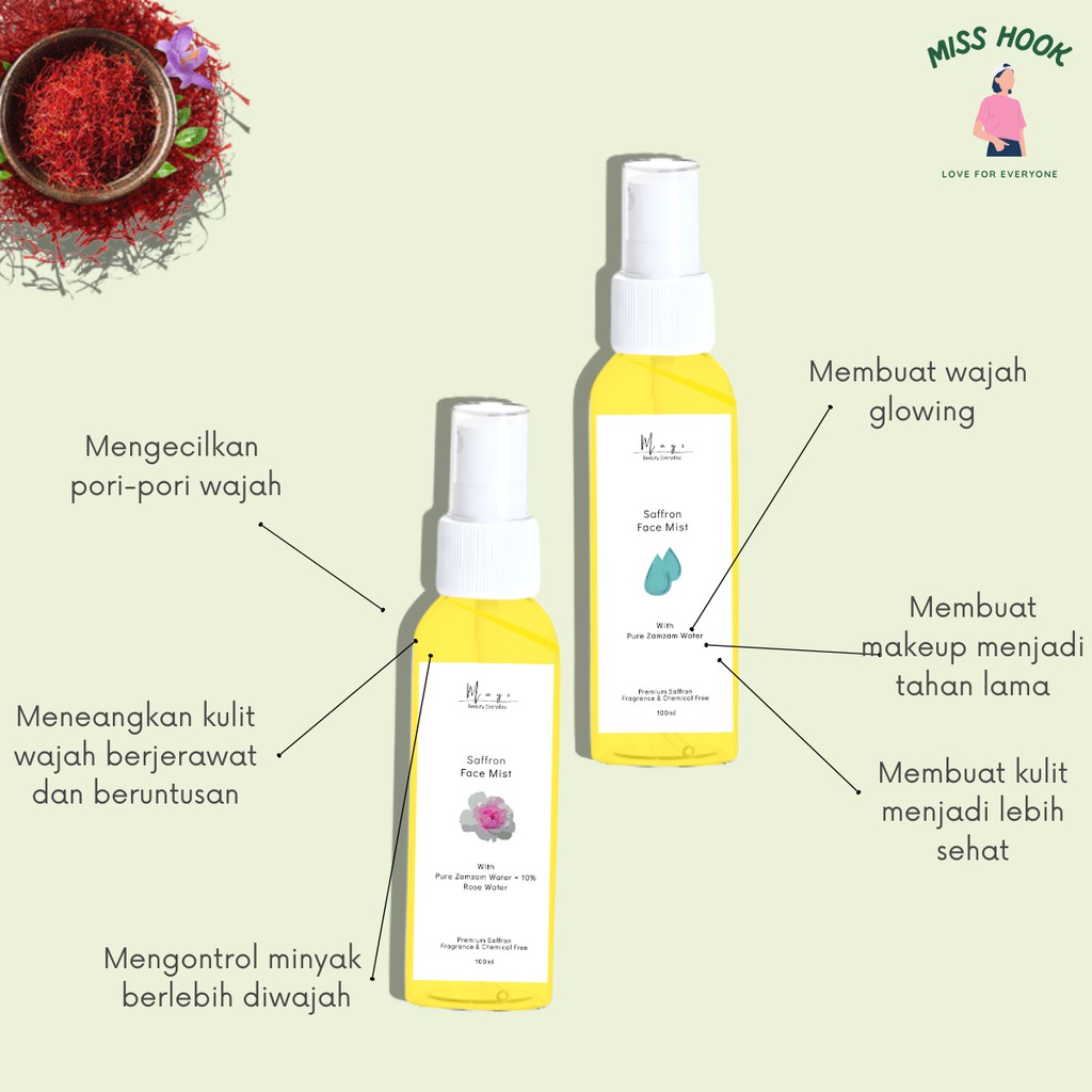 Ms Hook - Face Mist Saffron 60ml 100ml dengan Full Zamzam Full Rose water dan Premium Saffron