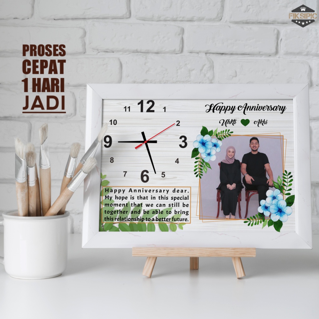 Kado anniversary jam dinding foto costum + Bingkai (hadiah ultah wisuda pernikahan) Fiksipic