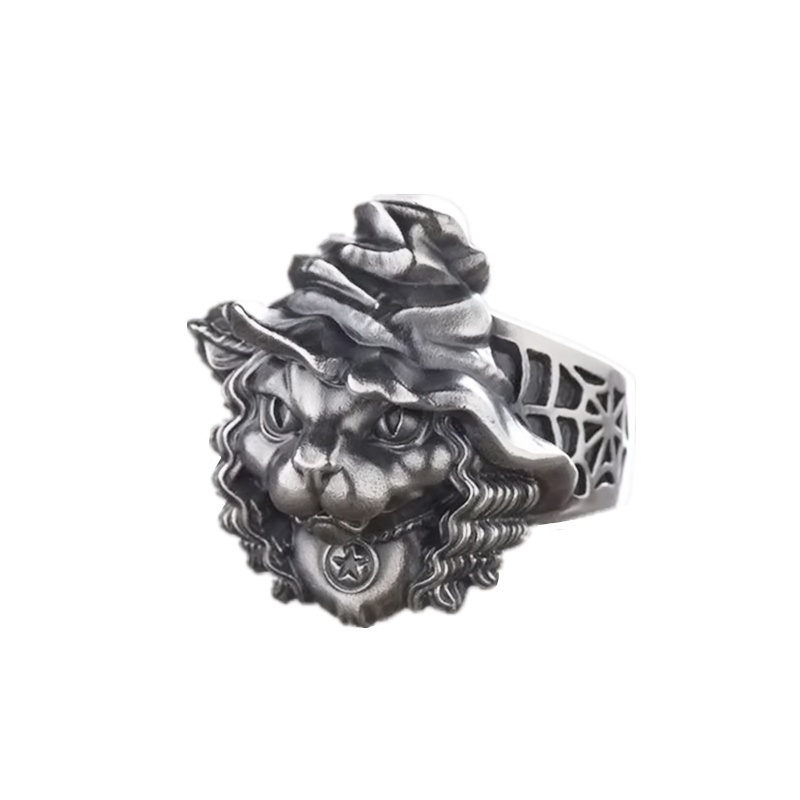 Unique Magic Witch Cat Silver Color Stainless Steel Ring Great Magician Gothic Animal Jewelry Gift Size 7-14