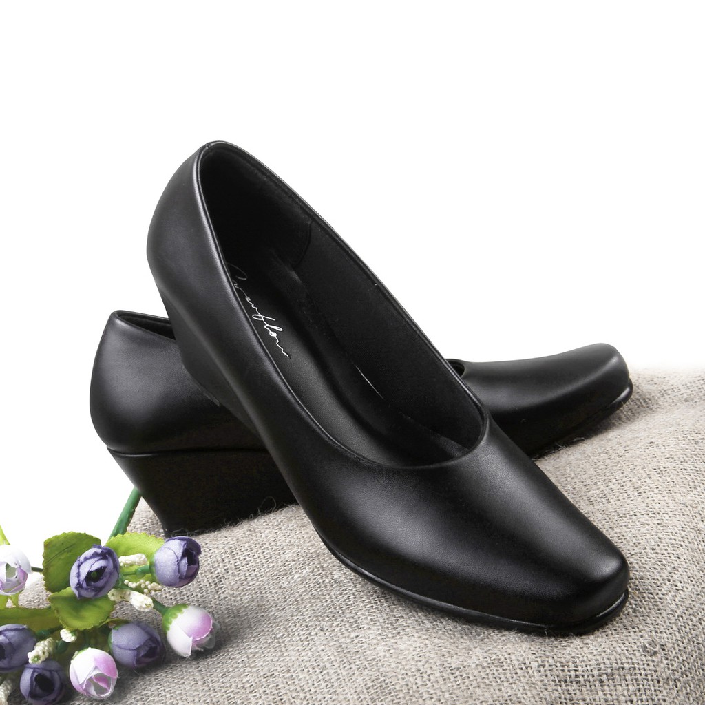 EVERFLOW Sepatu Kerja Wanita High Heels 5cm Black doff Sepatu Pantofel Wedges wanita big size up to 42 Persit