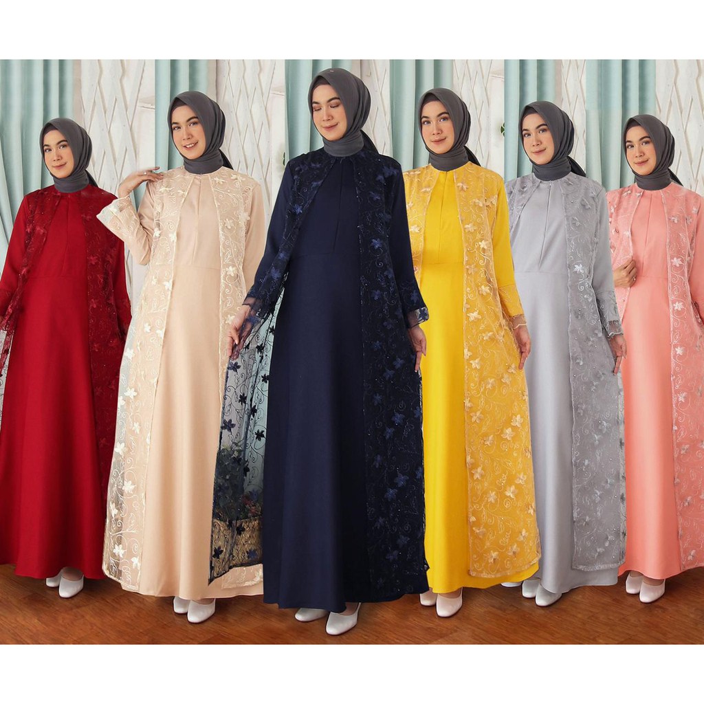 (Dijamin RealPict) Gamis Hena Busui TilLe Bordir Mutiara Maxi Dress Lebaran Brukat Tulle Baju Muslim
