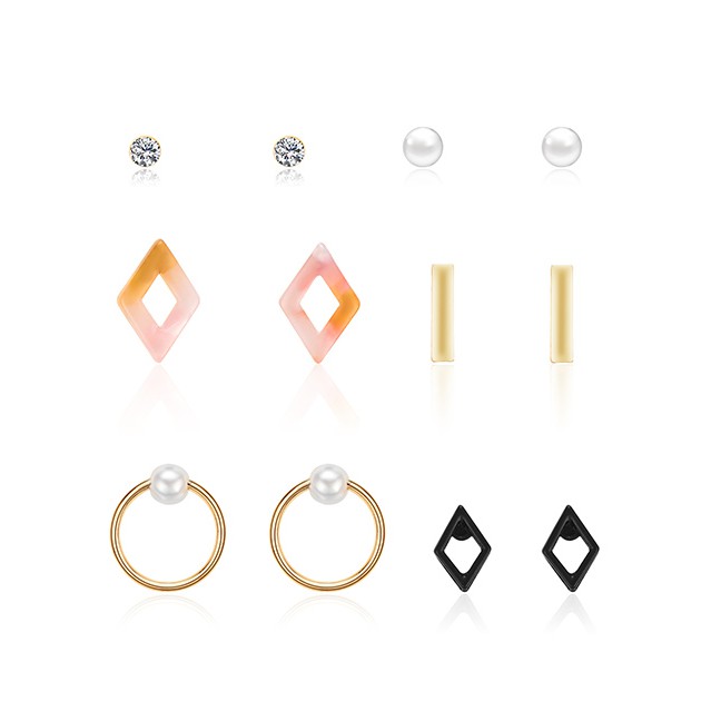 LRC Anting Set Fashion Gold Resin Diamond Studded Pearl Stud Earrings 6 Pairs F29783
