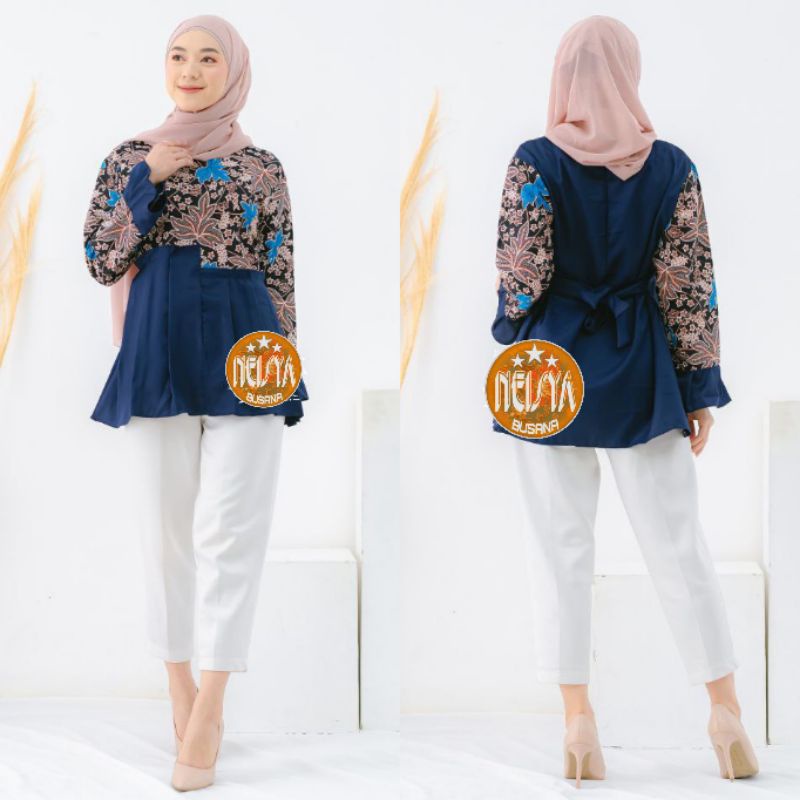 tey-17 Batik wanita ASJ SA HRB026 Kenongo Kemeja Tosca Pendek-Naura Navy