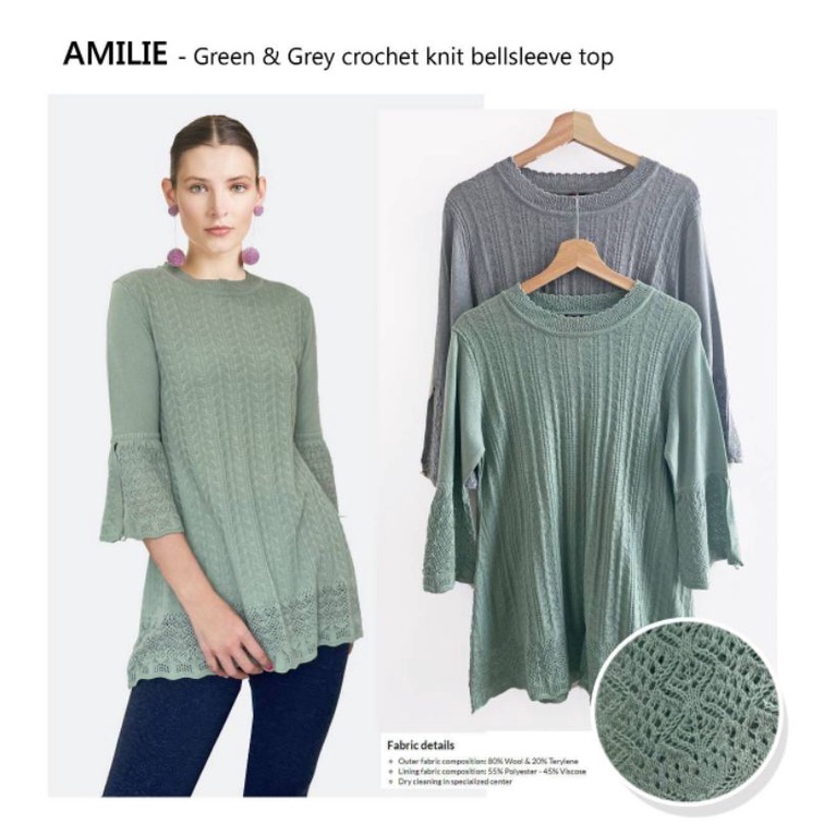 Amelie green n grey crochet knit bellsleeve top