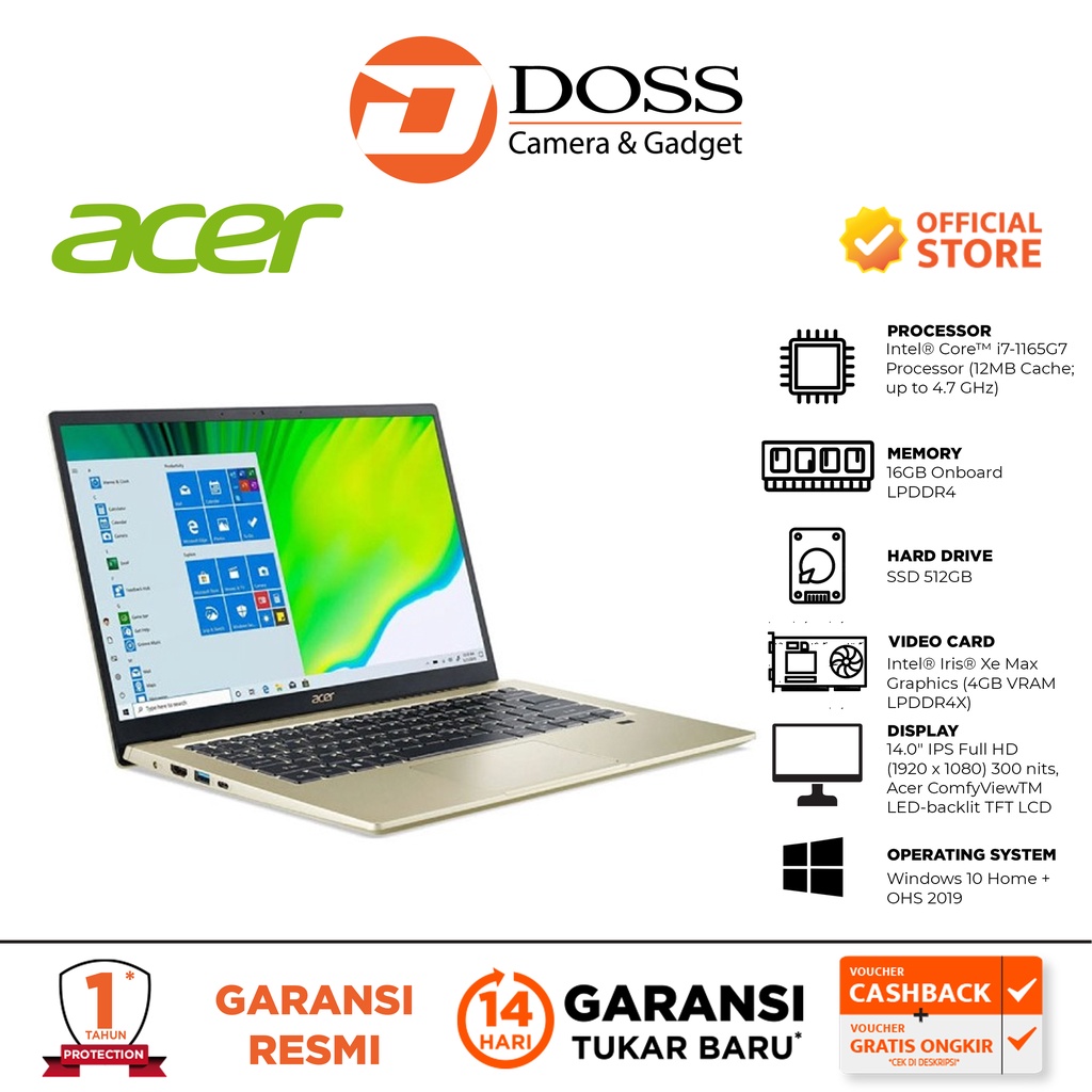 Acer Swift 3x SF314-510G-7043 Core i7-1165G7 16GB RAM 512GB SSD