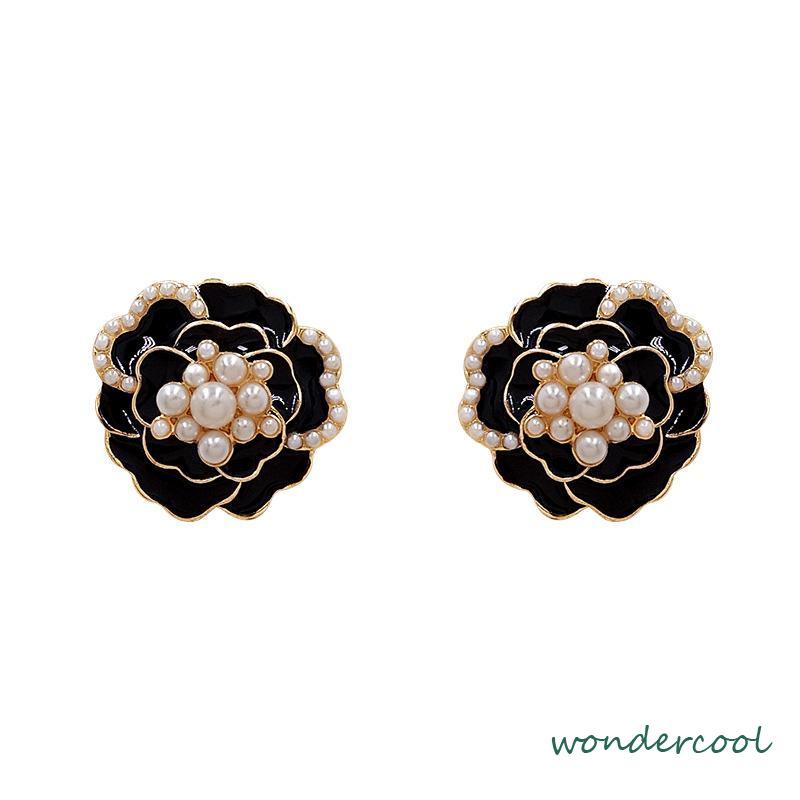 925 anting-anting mutiara Camellia Retro anting-anting bunga berlian-Won