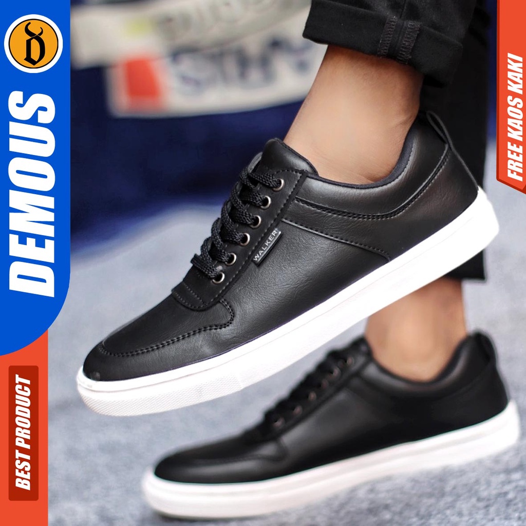 Sepatu Kasual Pria Sneakers Casual Kulit Pu Kerja Polos Hitam Coklat Demous Tiago