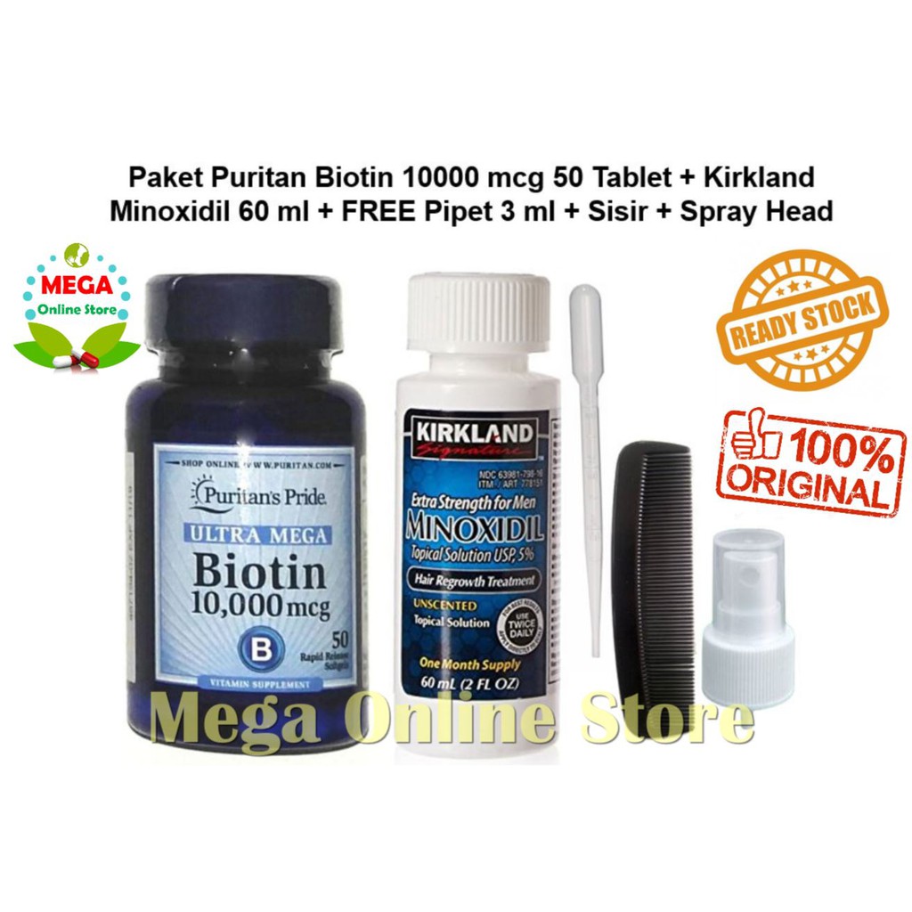 Paket Kirkland Minoxidil 60ml + Puritan Biotin 10000 mcg 50 Softgels