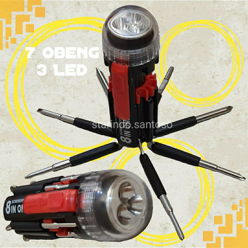 OBENG SET MULTIFUNGSI senter LED 8 in 1 plus minus screwdriver tools