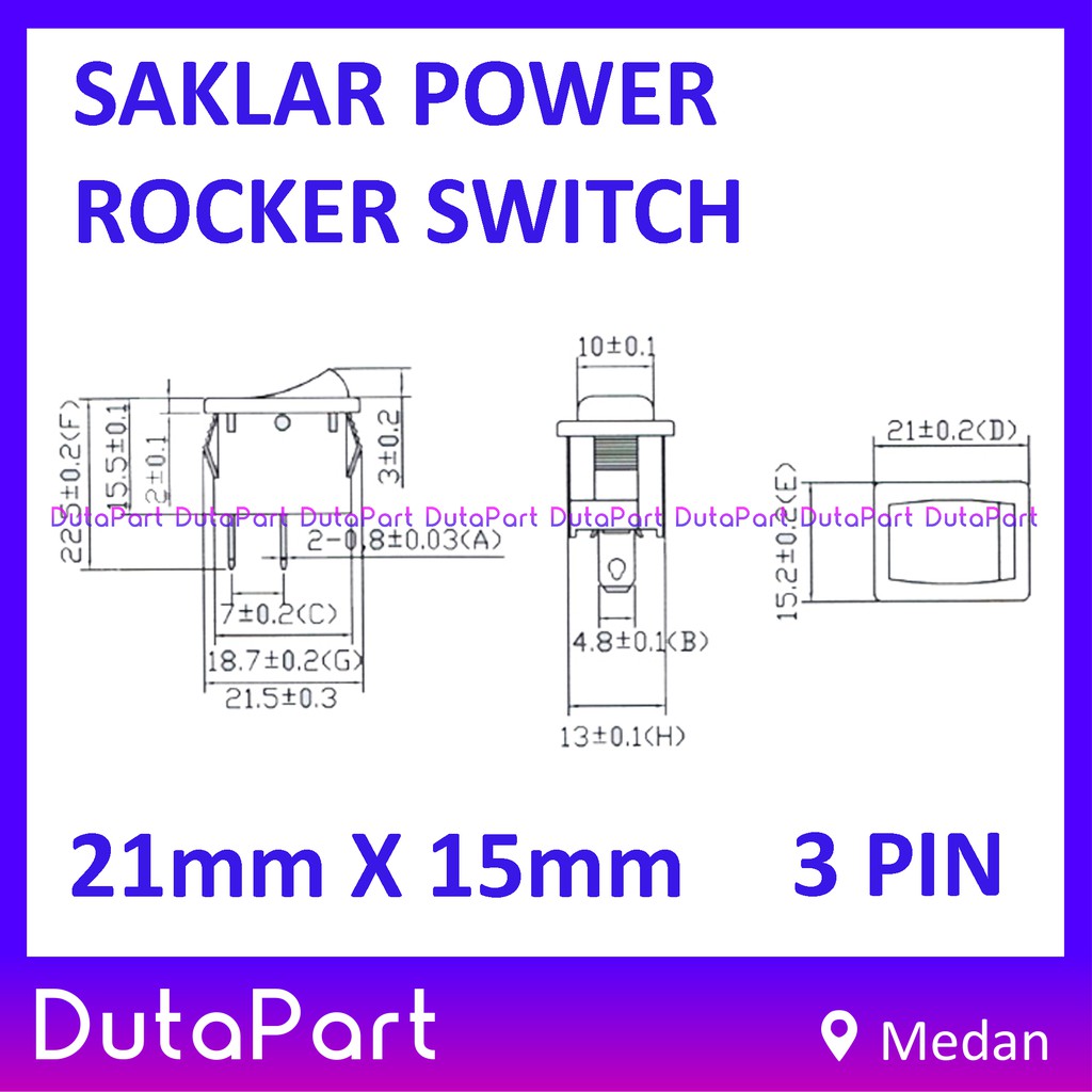 Saklar Power Rocker Switch ON OFF 21mm x 15mm 3 PIN Kaki 6A 250VAC