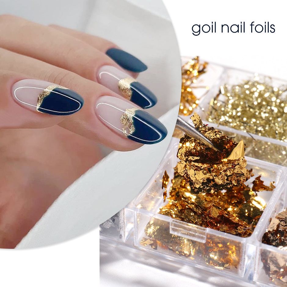 6 Sekat / Kotak Stiker Foil Glitter Sequin Asimetris Emas dan Perak Warna Dekorasi Nail Art Diy