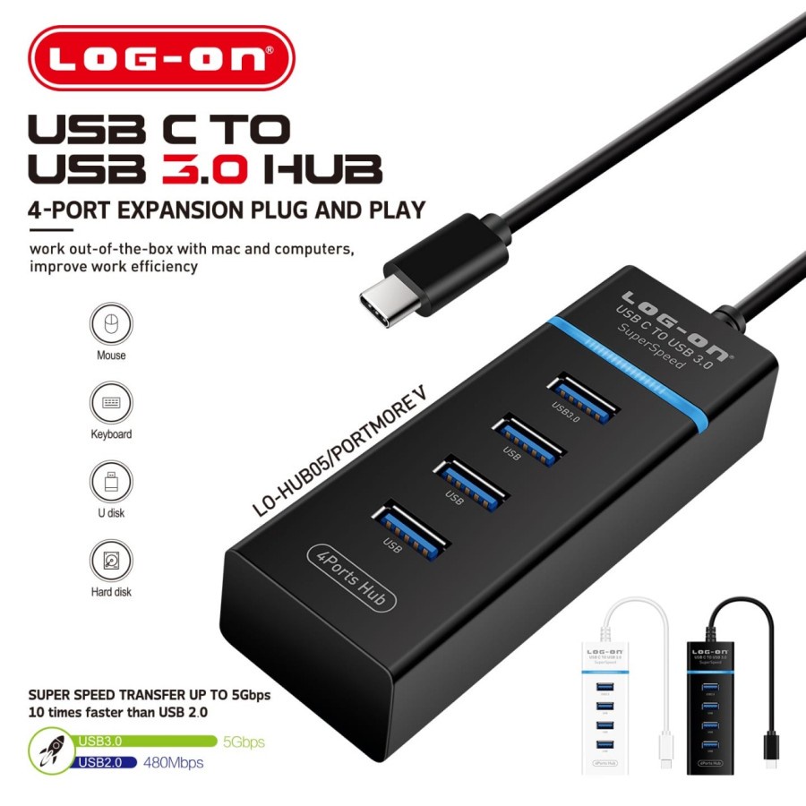 USB TYPE C TO USB 3.0 HUB LOG ON LO-HUB05 PLUG AND PLAY - USB HUB