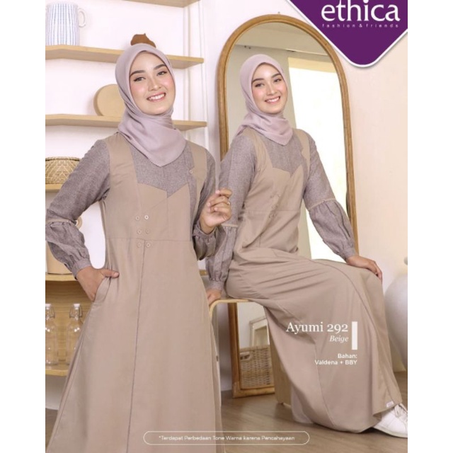 Gamis Premium Ayumi 292 Grey & Beige by Ethica|Gamis Syari|Gamis Polos Kombinasi Dua Warna|Gamis Dew