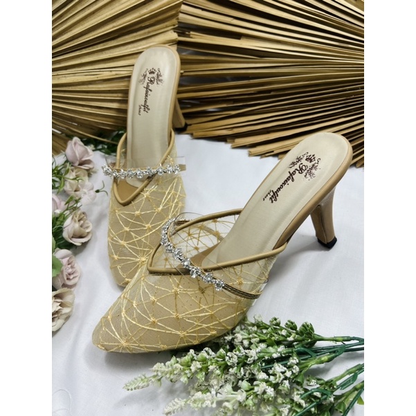 sepatu wanita hells cantik azwa gold tile lace 7cm