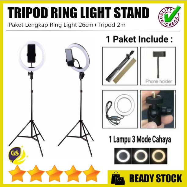 PAKET RING LIGHT 26M 10 INCH GRIP TRIPOD 2,1 METER TIKTOK VIDEO MAKE UP LAMPU VLOG 210CM