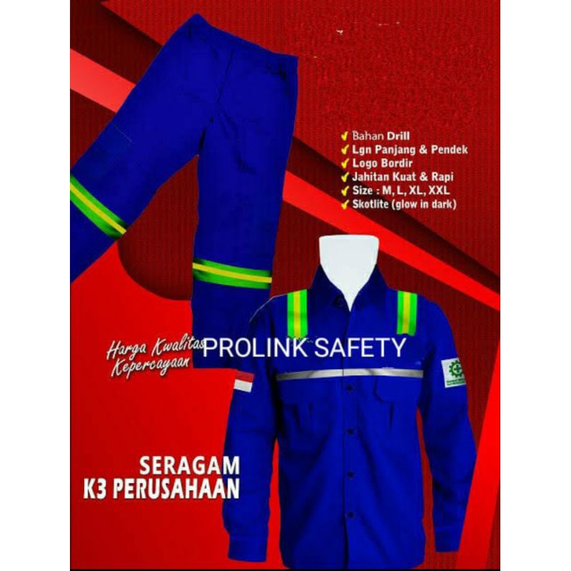 SETELAN SERAGAM SAFETY BIRU KANCING FREE LOGO K3 BENDERA SCOTLIGHT HIJAU 5CM KAIN PREMIUM HALUS