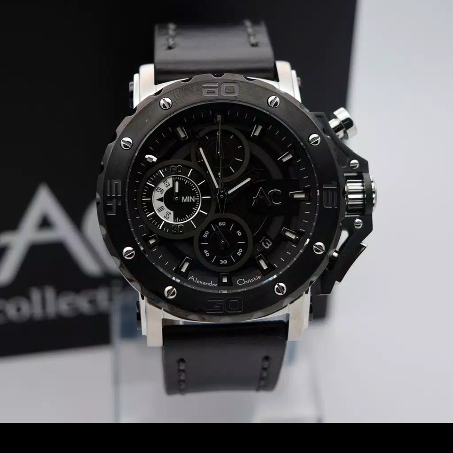 JAM TANGAN PRIA ALEXANDRE CHRISTIE AC 9205 AC9205 SILVER BLACK LEATHER ORIGINAL