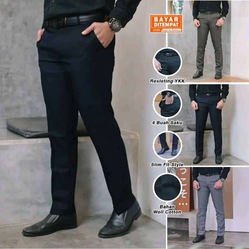 CELANA KANTOR FORMAL PRIA SLIMFIT BAHAN DASAR KAIN WOLL