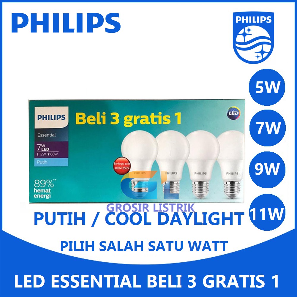 Lampu Philips LED Essential Multipack 5W 7W 9W 11W Putih Paket Beli 3 Gratis 1 Grosir 5 7 9 11 W