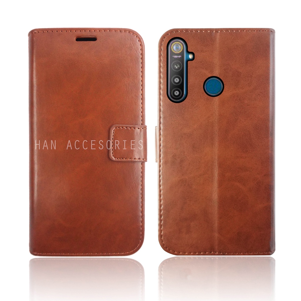 (PAKET HEMAT) Fashion Selular Flip Leather Case REALME 5/REALME 5i/C3/REALME 5 PRO/REALME 6 PRO Flip Cover Wallet Case Flip Case + Nero Temperred Glass