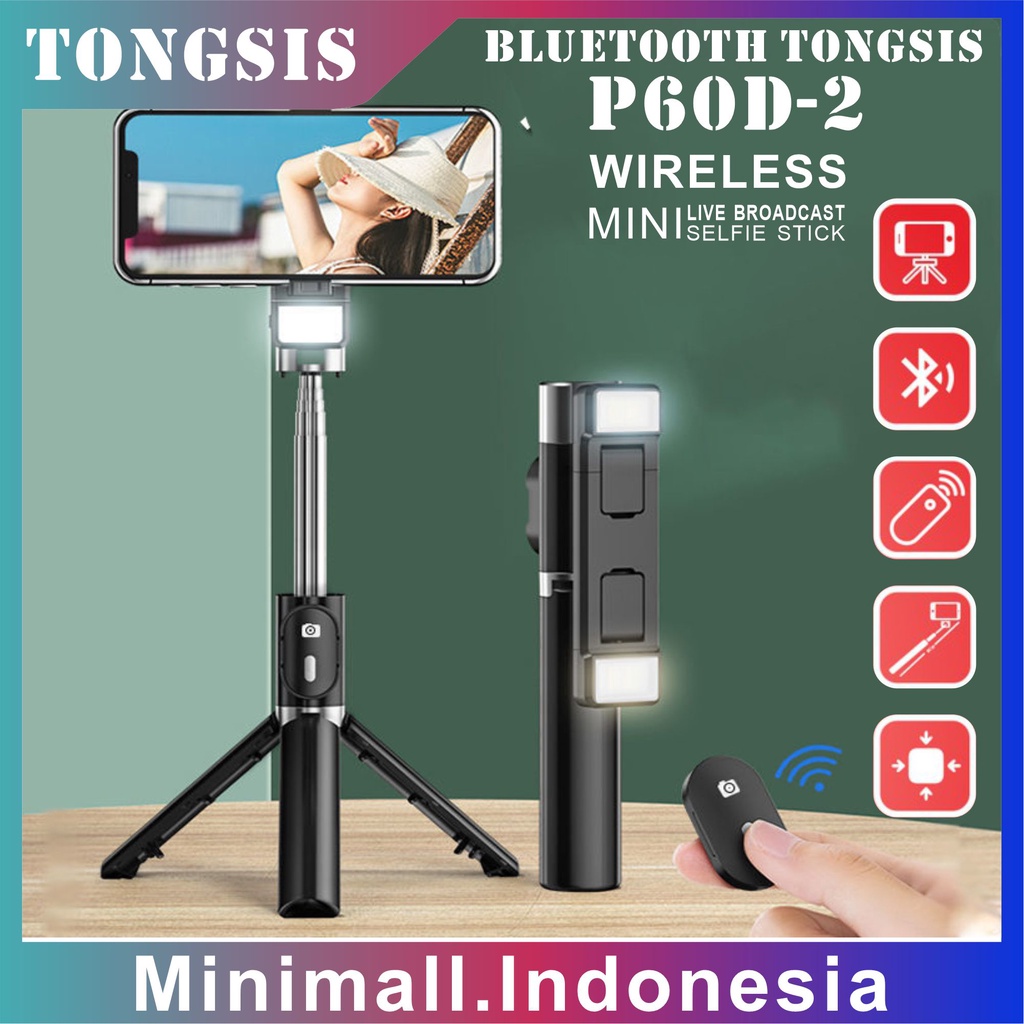 Selfie Stick Tripod Tongsis  Light LED  Plus Wireless Bluetooth P60D-2 Berkualitas