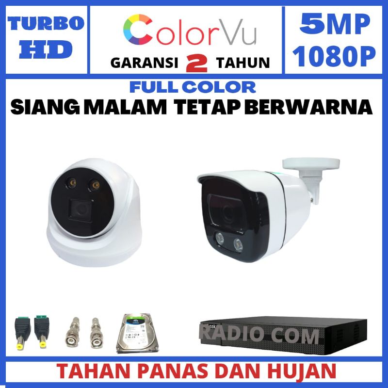 PAKET CCTV COLOR VU 4 CHANNEL 2 KAMERA 5MP 1080P SIANG MALAM BISA BERWANA