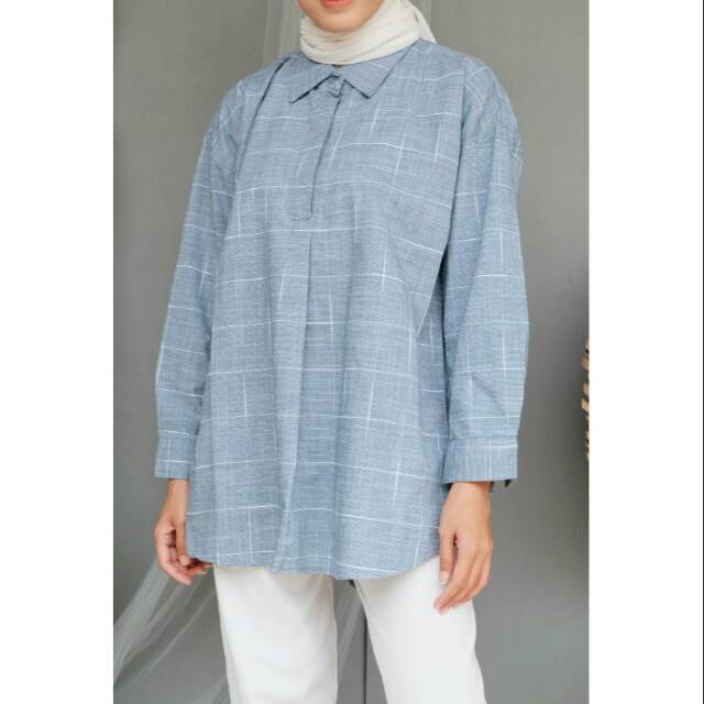 Kemeja flanel biru grey | kemeja wanita women blouse biru basic shirt longsleeve kerja kantor casual