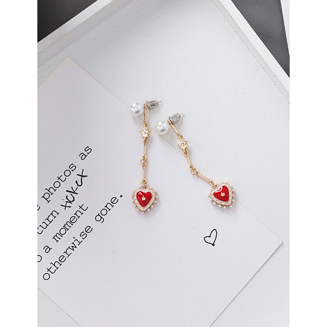 LRC Anting Tusuk Fashion Red 925 Silver Needle Pearl Rhinestone Love Earrings D28186