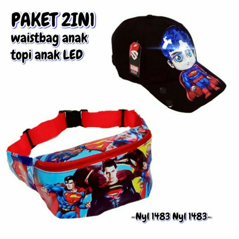 WAISTBAG ANAK  PAKET HEMAT 2IN1 SUPERMAN/TOPI LED (NYALA)