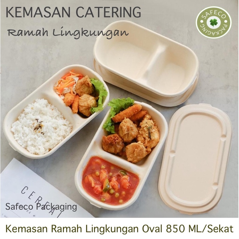 Bagasse Oval 850ML2C Kotak Bento Kraft Paper Lunch Box Kotak Tempat Makan Kertas 2 Sekat 2 jt